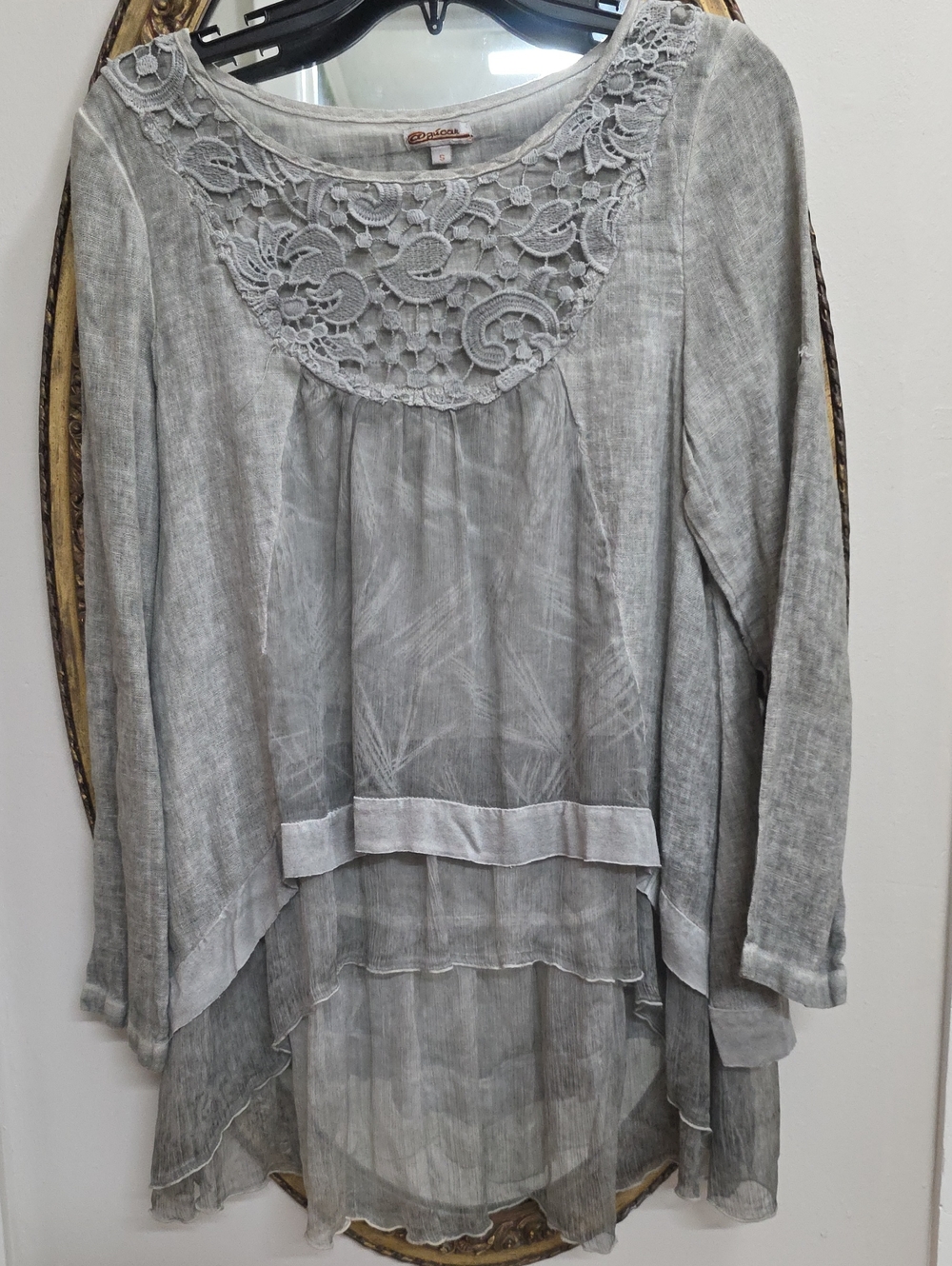 Zucar Light Gray Lace-Yoke Layered Tunic Size S Bohemian Dyed Relaxed
